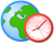 Graphic of a globe with a red analog clock